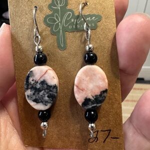Pink and Black Oval Stone Earrings with Silver Hooks